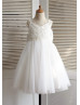 V Neckline Ivory Lace Tulle Knee Length Flower Girl Dress V Neckline Ivory Lace Tulle Knee Length Flower Girl Dress